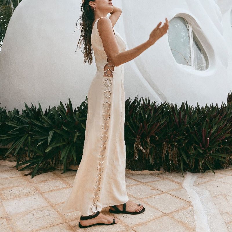 White Summer Dresses For Women Round Neck Circular Decor Hollow Out Sleeveless Maxi Dresses Female Casual Lady Robes