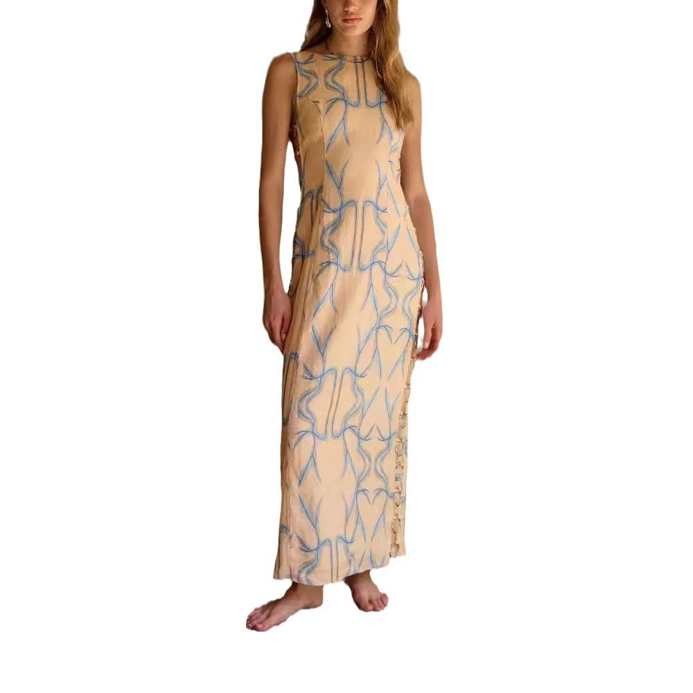 White Summer Dresses For Women Round Neck Circular Decor Hollow Out Sleeveless Maxi Dresses Female Casual Lady Robes