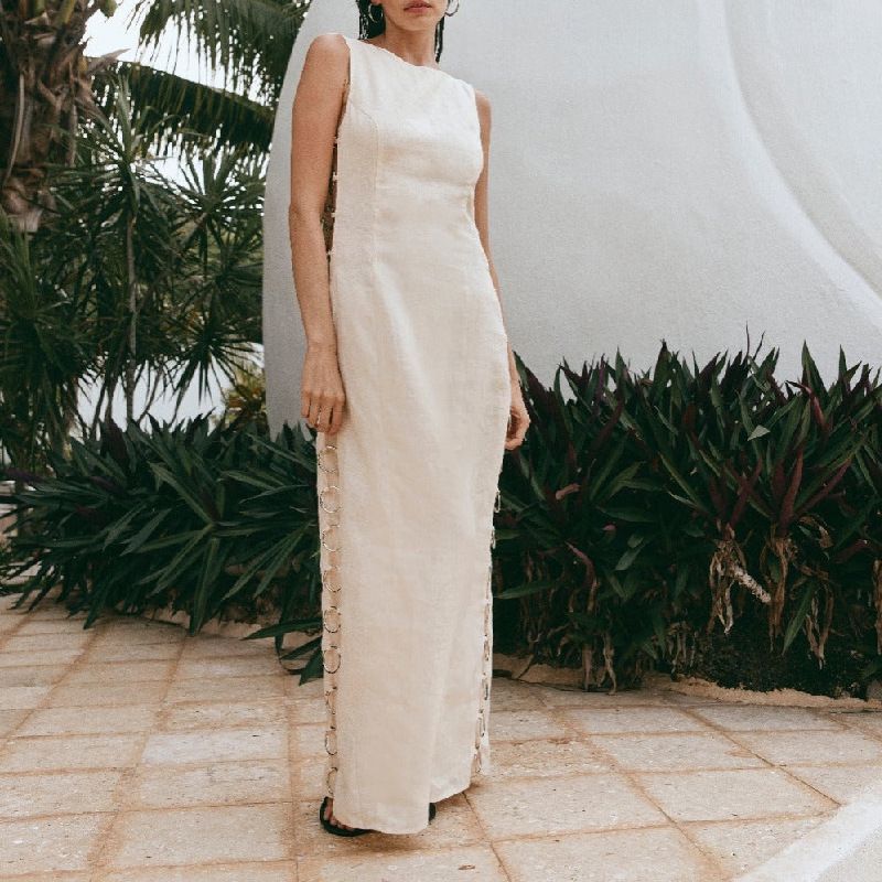 White Summer Dresses For Women Round Neck Circular Decor Hollow Out Sleeveless Maxi Dresses Female Casual Lady Robes