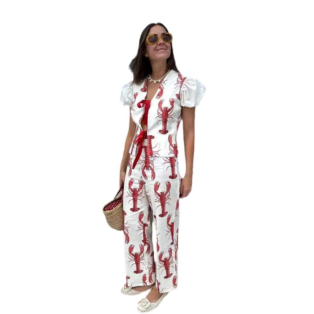 Cartoon Cray Printing Long Pants Set For Women Summer Short Sleeve Shirt High Waist Wide Leg Pant 2 Piece Sets Lady Outfits