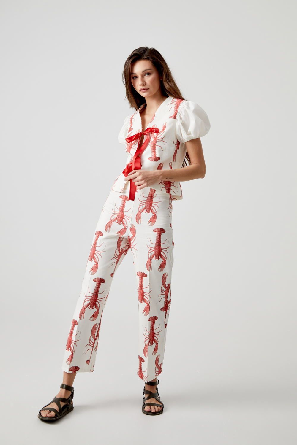 Cartoon Cray Printing Long Pants Set For Women Summer Short Sleeve Shirt High Waist Wide Leg Pant 2 Piece Sets Lady Outfits