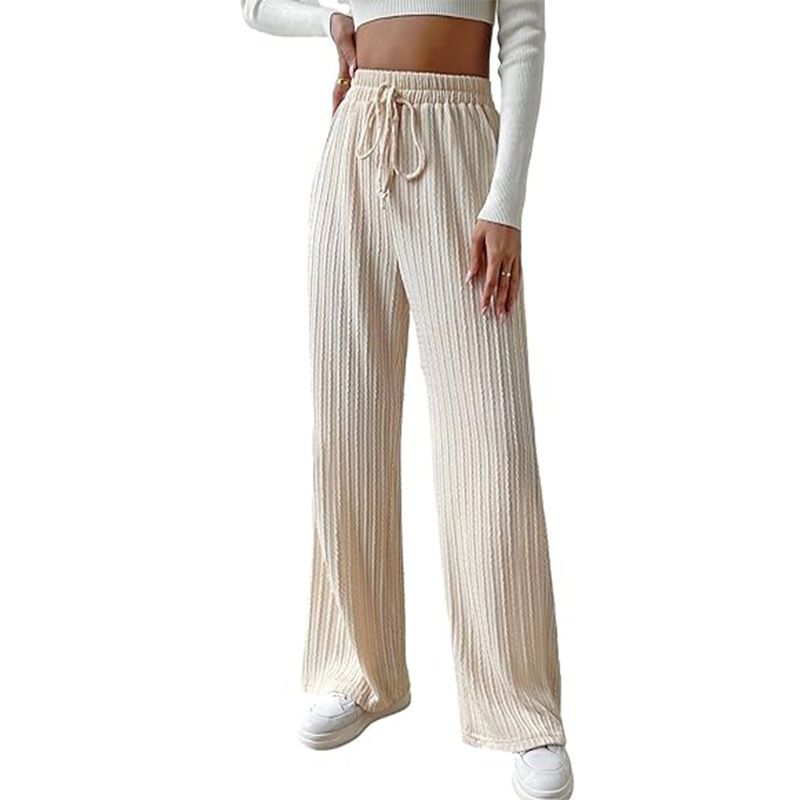 Womens Solid Rib Knit Wide Leg Pants High Waist Elastic Palazzo Baggy Straight Trousers with Drawstring Women's Baseball Pants