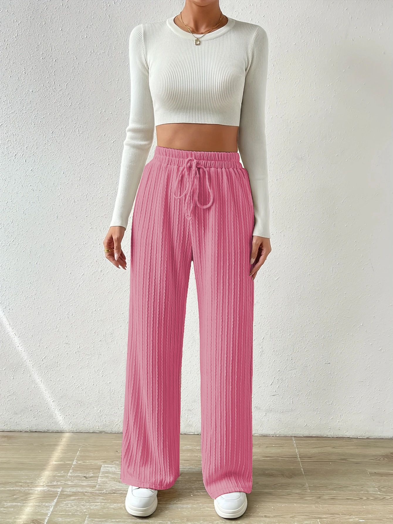 Womens Solid Rib Knit Wide Leg Pants High Waist Elastic Palazzo Baggy Straight Trousers with Drawstring Women's Baseball Pants