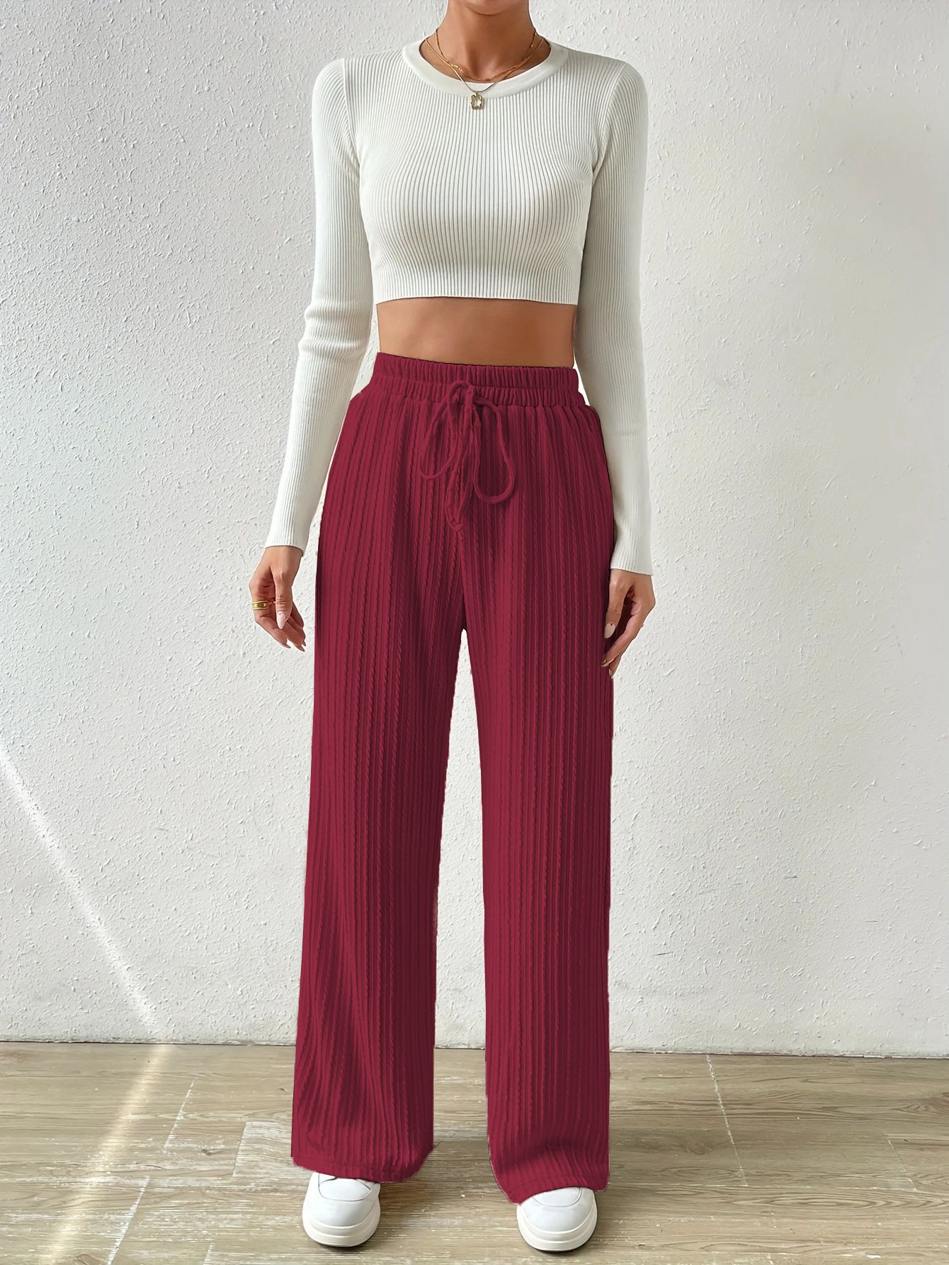 Womens Solid Rib Knit Wide Leg Pants High Waist Elastic Palazzo Baggy Straight Trousers with Drawstring Women's Baseball Pants