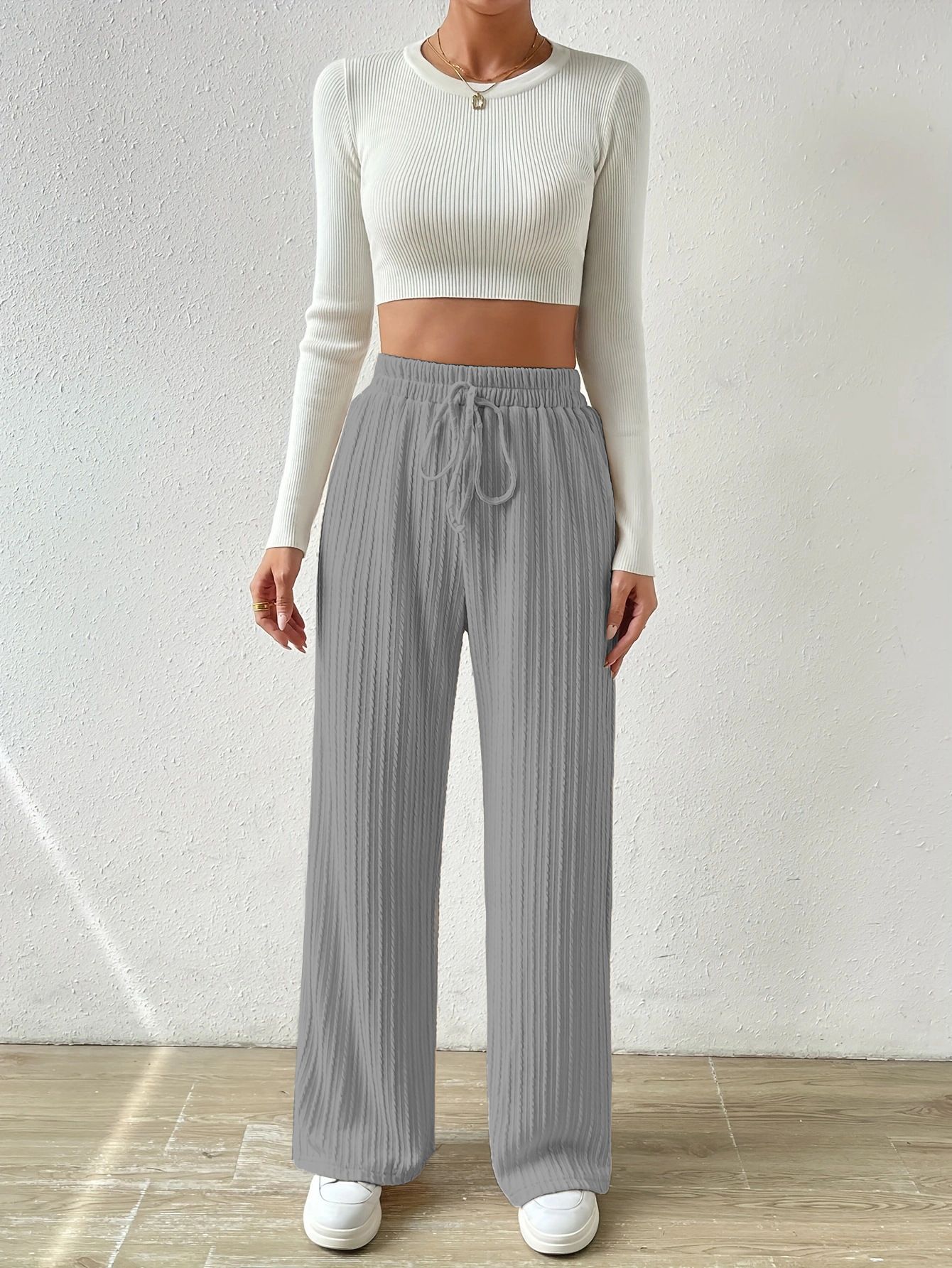 Womens Solid Rib Knit Wide Leg Pants High Waist Elastic Palazzo Baggy Straight Trousers with Drawstring Women's Baseball Pants