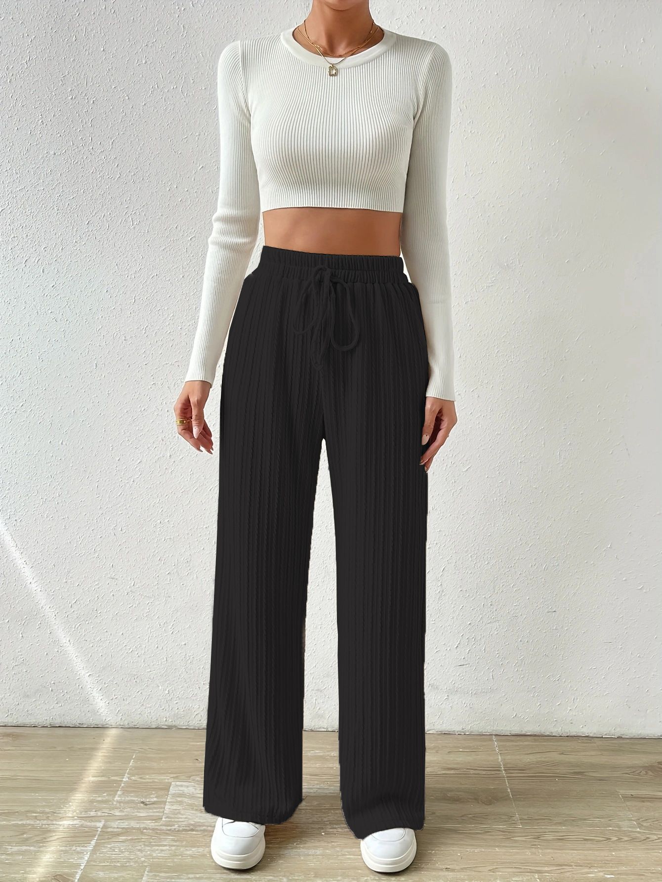 Womens Solid Rib Knit Wide Leg Pants High Waist Elastic Palazzo Baggy Straight Trousers with Drawstring Women's Baseball Pants