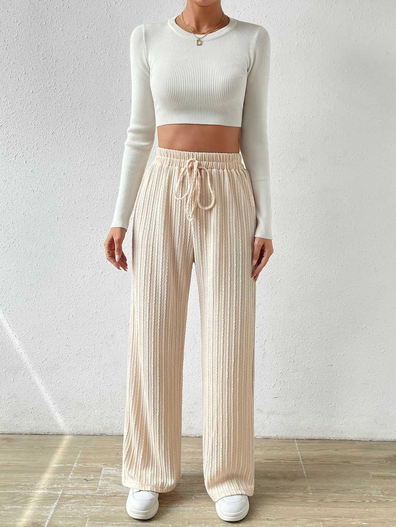 Womens Solid Rib Knit Wide Leg Pants High Waist Elastic Palazzo Baggy Straight Trousers with Drawstring Women's Baseball Pants