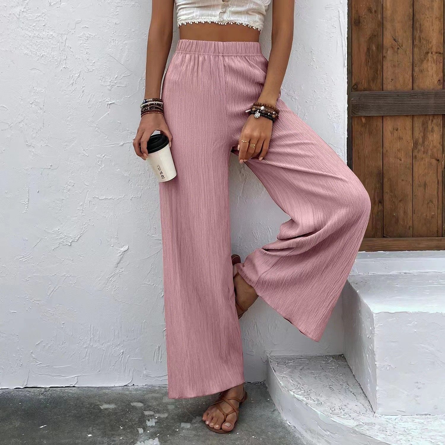 Solid Color Wide Leg Pants for Women Elastic Waist Palazzo Pants Fashion Casual Loose-Fit Trousers