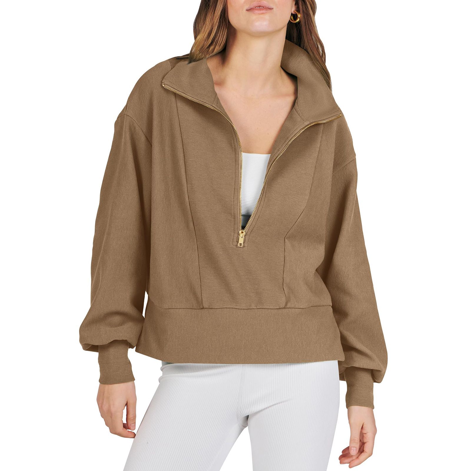 Autumn Loose Fitting Half Open Neck Patchwork Hoody Temperament Commuting Women's Casual Zipper Long Sleeve Hoodies
