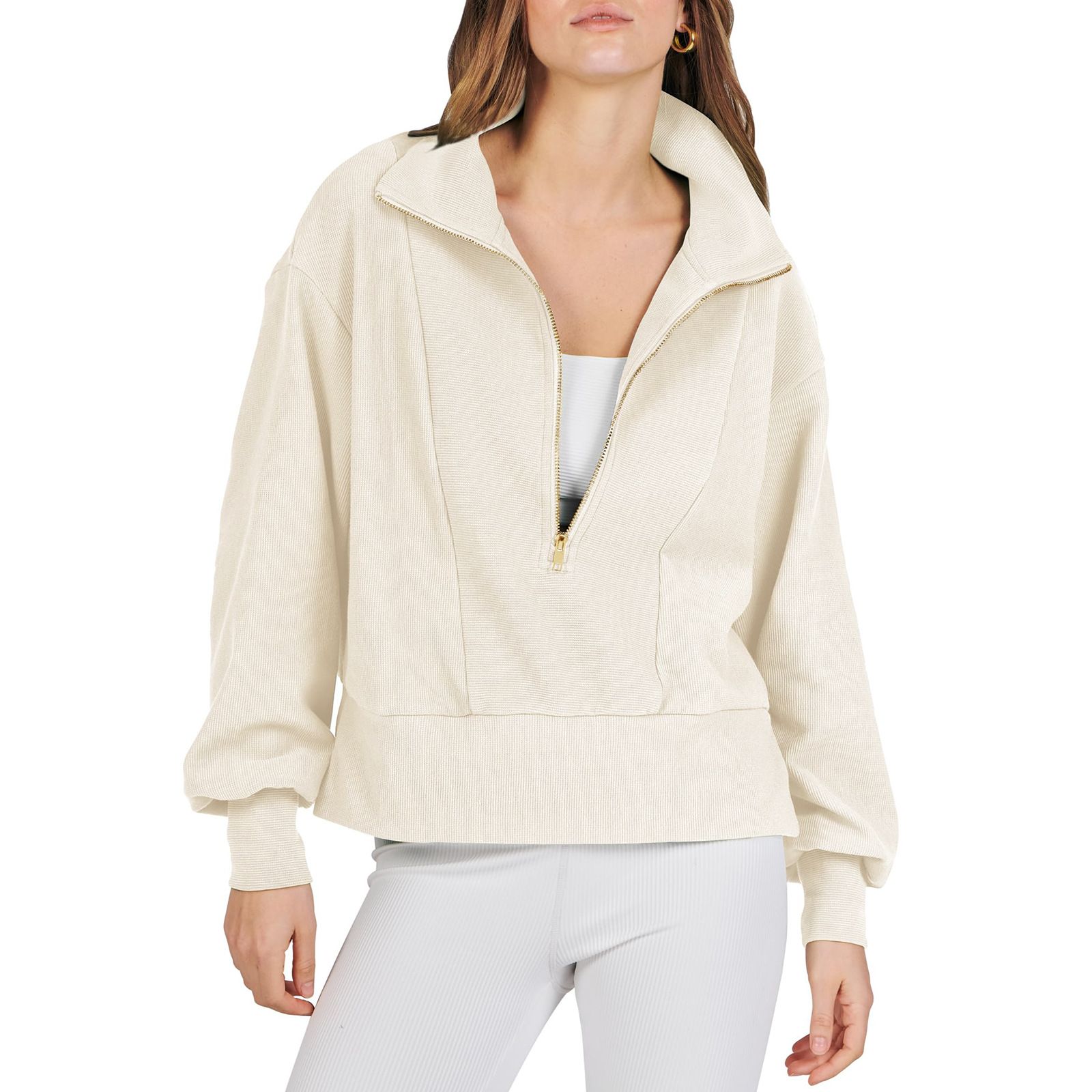 Autumn Loose Fitting Half Open Neck Patchwork Hoody Temperament Commuting Women's Casual Zipper Long Sleeve Hoodies