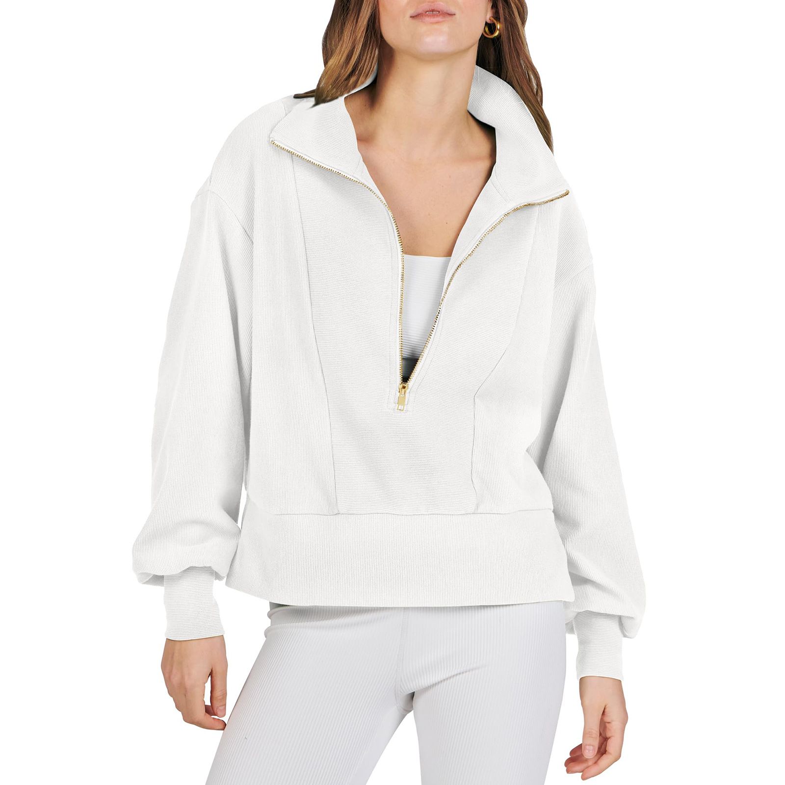 Autumn Loose Fitting Half Open Neck Patchwork Hoody Temperament Commuting Women's Casual Zipper Long Sleeve Hoodies
