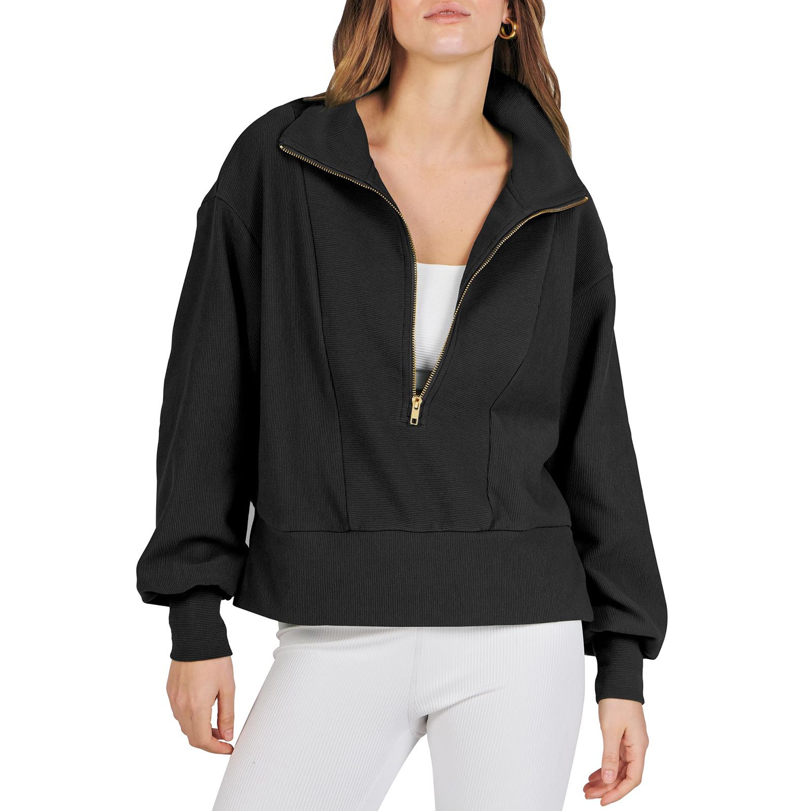Autumn Loose Fitting Half Open Neck Patchwork Hoody Temperament Commuting Women's Casual Zipper Long Sleeve Hoodies