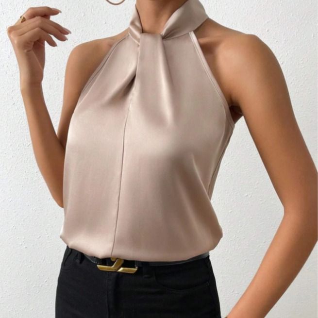 Women's Tanks Top Camis Hanging Neck Strap Design Satin Gloss Loose Sleeveless Blouses Blusas Mujer Moda Black Sexy Shirt
