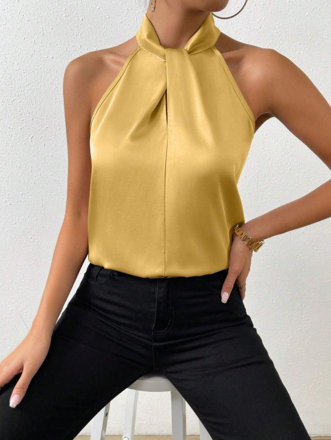 Women's Tanks Top Camis Hanging Neck Strap Design Satin Gloss Loose Sleeveless Blouses Blusas Mujer Moda Black Sexy Shirt