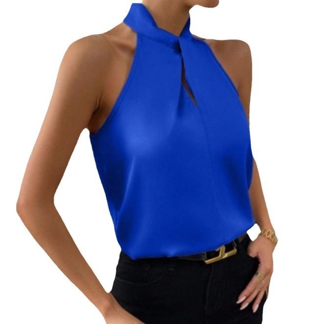 Women's Tanks Top Camis Hanging Neck Strap Design Satin Gloss Loose Sleeveless Blouses Blusas Mujer Moda Black Sexy Shirt