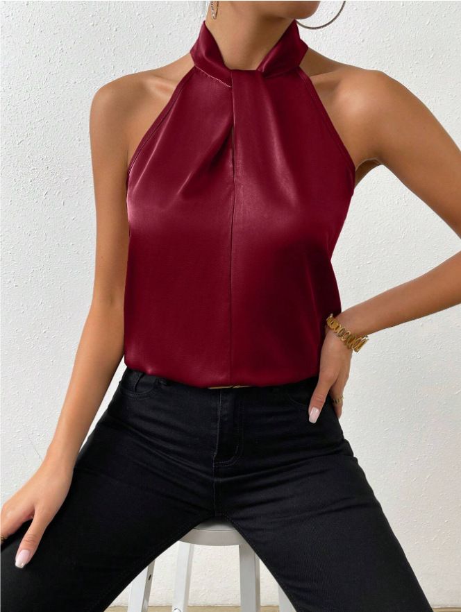 Women's Tanks Top Camis Hanging Neck Strap Design Satin Gloss Loose Sleeveless Blouses Blusas Mujer Moda Black Sexy Shirt