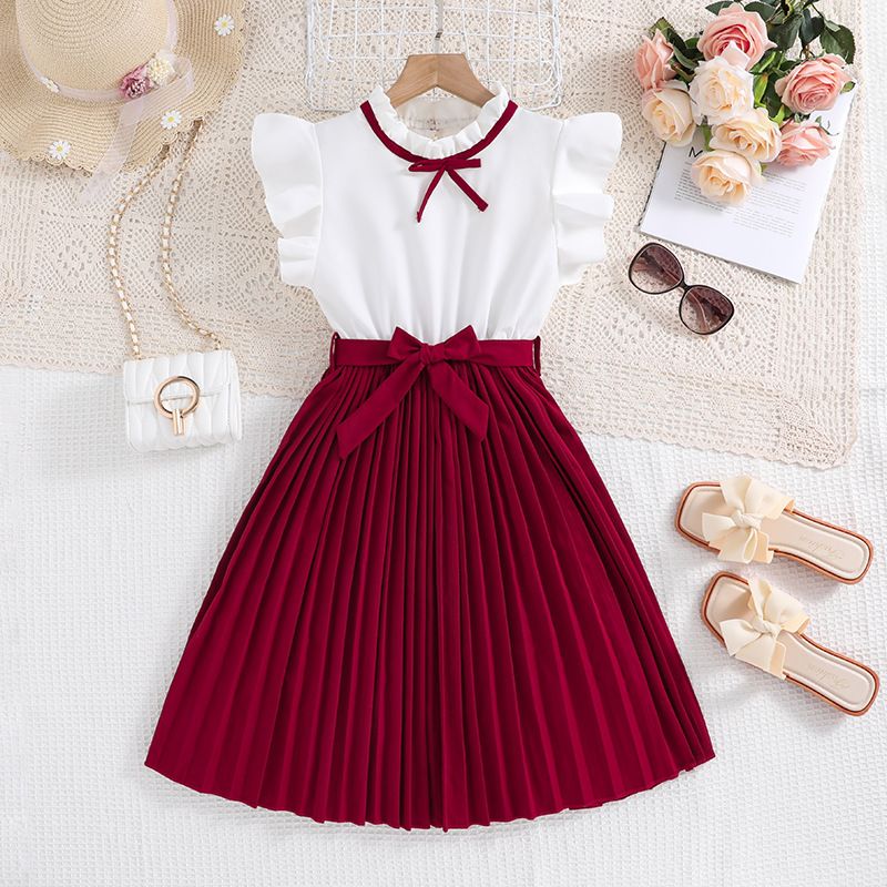 Summer New Arrival Girls Sleeveless O Neck Ruffles Patchwork Red Designer Cute Party Princess Dress Custume 8-12T
