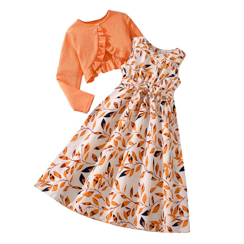 Children Sets Kids Clothes Girls Orange Long Sleeve Ruffled Top + Printed Dress Elegant Fashion Princess Casual Kids Sets