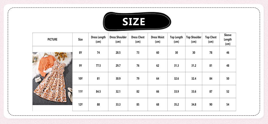 Children Sets Kids Clothes Girls Orange Long Sleeve Ruffled Top + Printed Dress Elegant Fashion Princess Casual Kids Sets