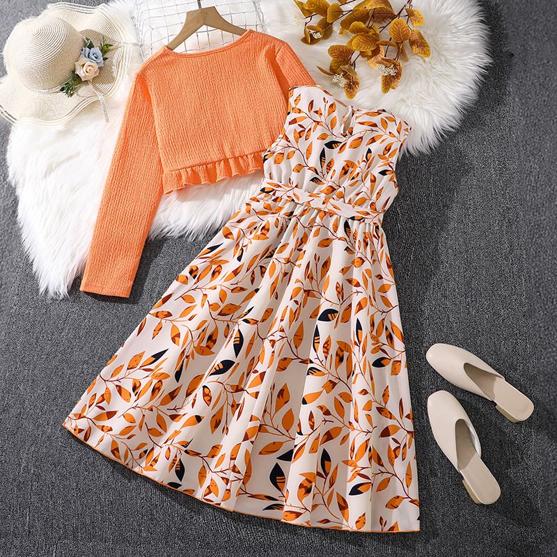 Children Sets Kids Clothes Girls Orange Long Sleeve Ruffled Top + Printed Dress Elegant Fashion Princess Casual Kids Sets