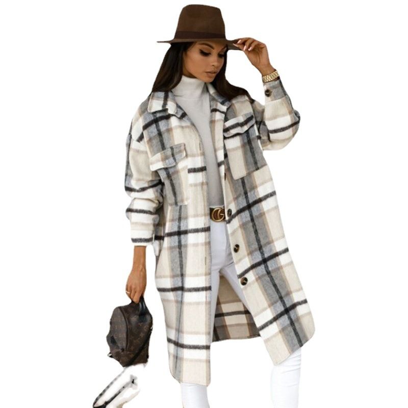 Women Plaid Printed Warm Jacket Autumn Winter New Fashion Casual Long Overcoat Pop Lapel Lady Single Breasted Shirt Coats