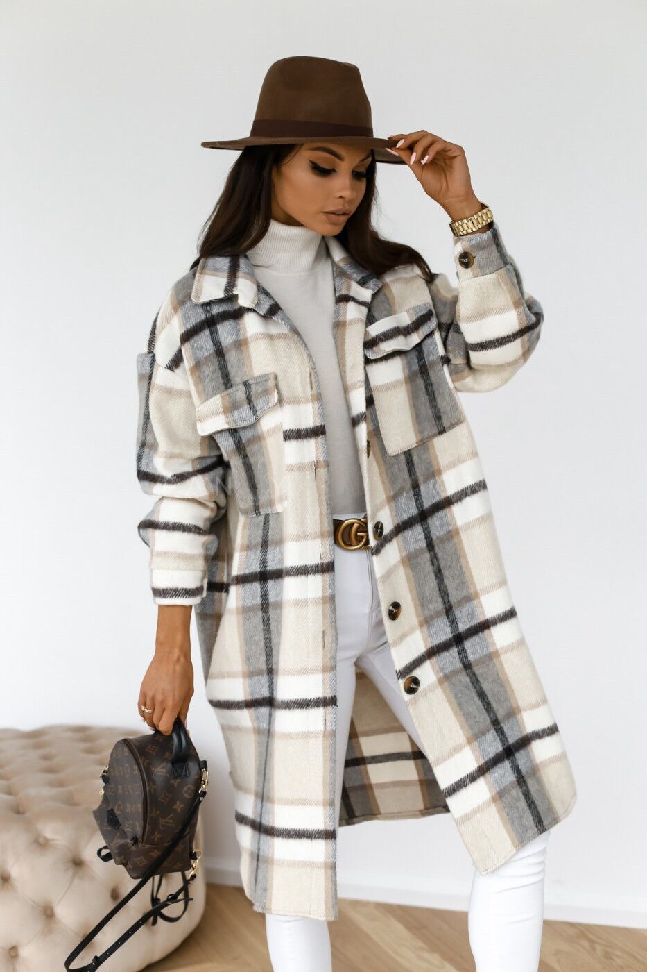 Women Plaid Printed Warm Jacket Autumn Winter New Fashion Casual Long Overcoat Pop Lapel Lady Single Breasted Shirt Coats