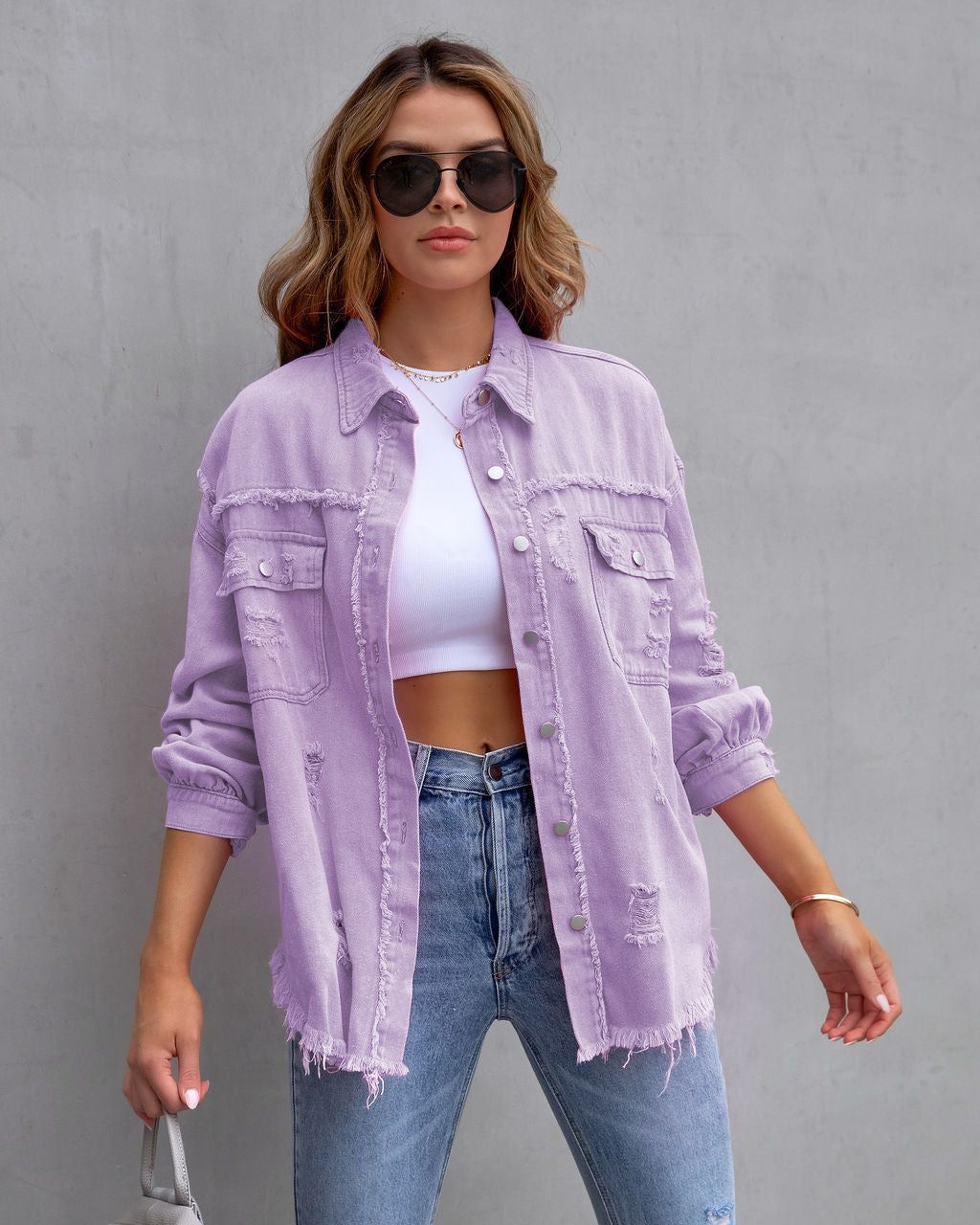 Ragged Torn Denim Lapel Jacket Women Autumn Winter Short Fashion Jacket Pockets Blazer Solid Standard Overcoat Loose Streetwear