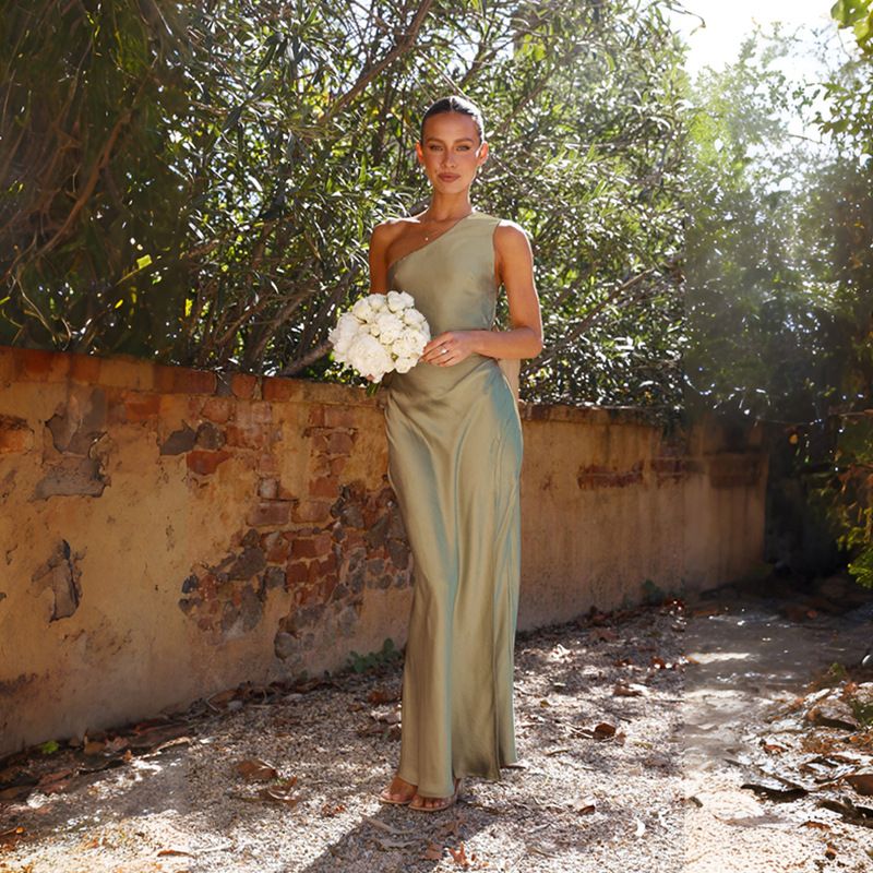 Summer Evening Dresses Luxury Dresses Women Satin Bridesmaid Wedding Party Dress Wedding Gown in Olive one shoulder