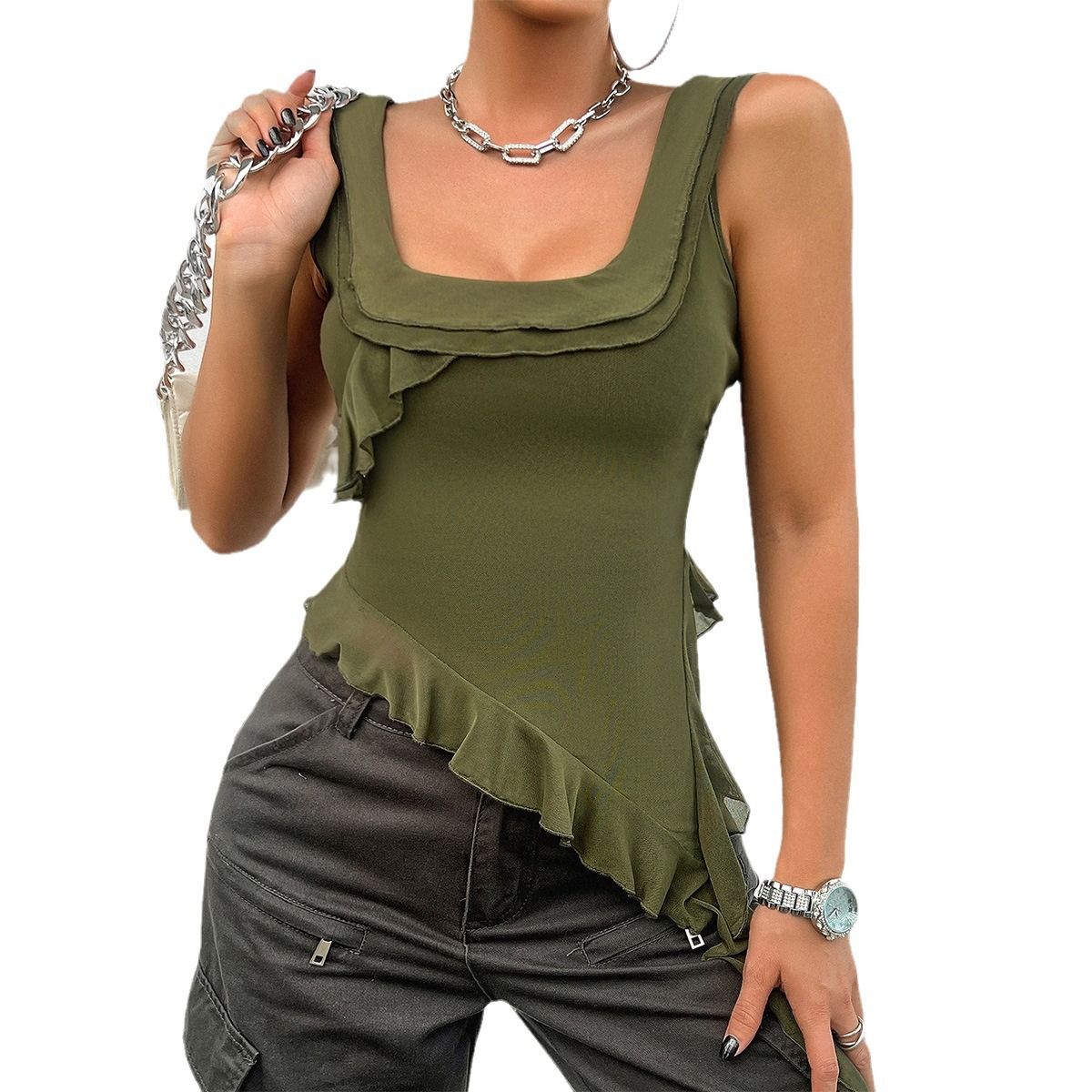 Fashion Sleeveless Tank Top Sexy Ruffles Backless Irregular Crop Tops Summer Casual Streetwear Women Camis