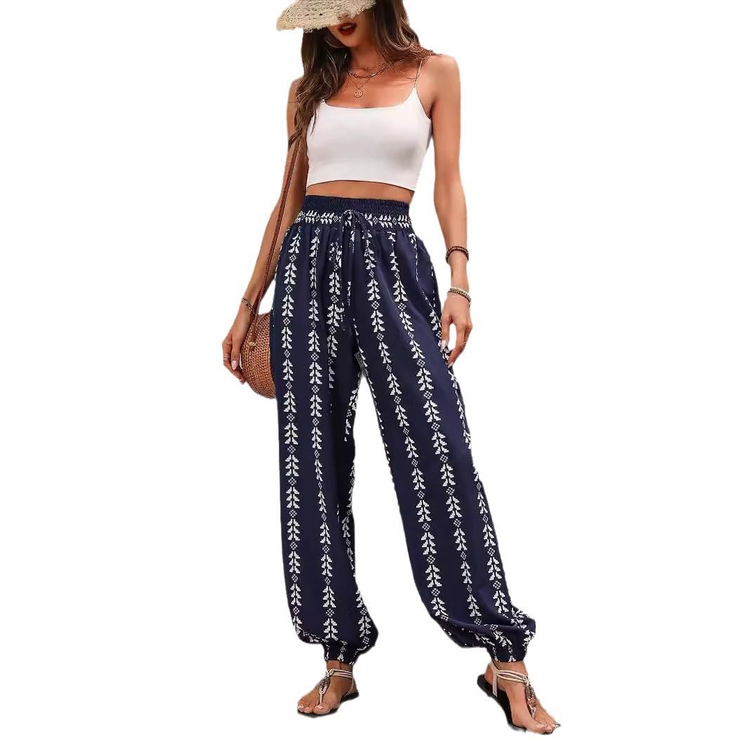 Women's Trousers Summer Versatile Grid Wide Leg Lantern Pants Casual Pants Lace Up Elastic Waist Long Pants