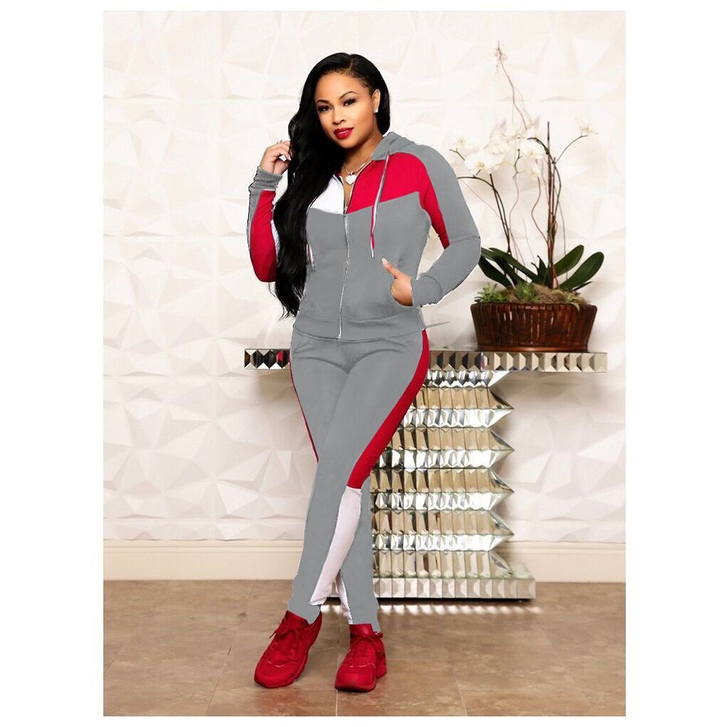 Women Two Piece Pant Sets Hooded Zipper Spliced Sweatshirts Full Sleeved Thick Pencil Pants Jogger Suits Ladies Winter