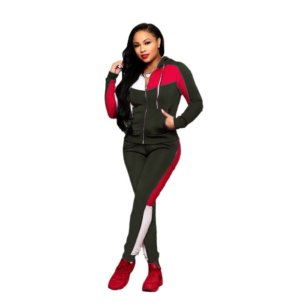 Women Two Piece Pant Sets Hooded Zipper Spliced Sweatshirts Full Sleeved Thick Pencil Pants Jogger Suits Ladies Winter