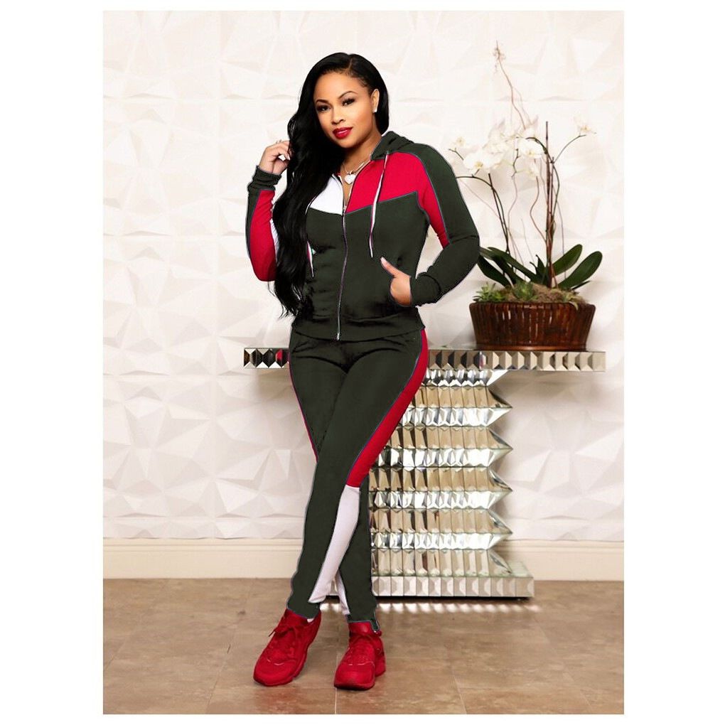 Women Two Piece Pant Sets Hooded Zipper Spliced Sweatshirts Full Sleeved Thick Pencil Pants Jogger Suits Ladies Winter