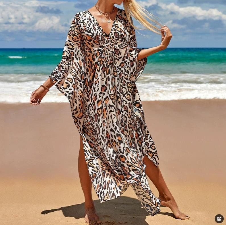One Size Kaftan Dresses for Women Wave Neck Swimsuit Cover Up Caftan Dress Oversized Long Beach Dress