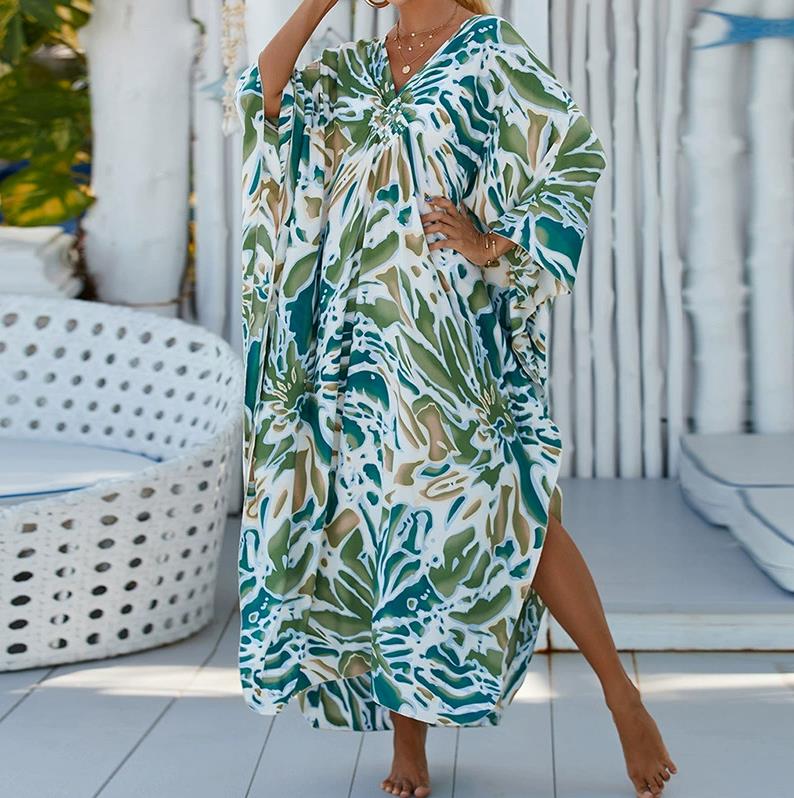 One Size Kaftan Dresses for Women Wave Neck Swimsuit Cover Up Caftan Dress Oversized Long Beach Dress