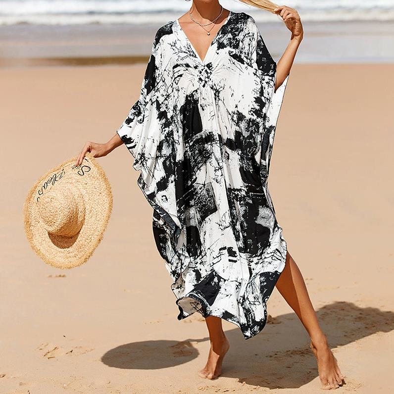 One Size Kaftan Dresses for Women Wave Neck Swimsuit Cover Up Caftan Dress Oversized Long Beach Dress