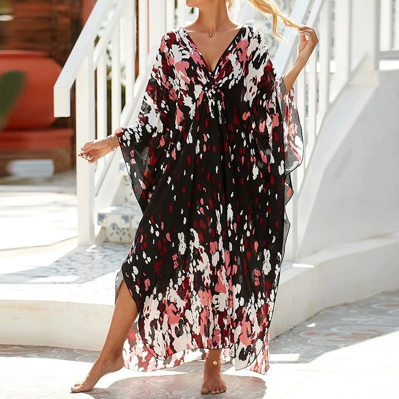 One Size Kaftan Dresses for Women Wave Neck Swimsuit Cover Up Caftan Dress Oversized Long Beach Dress