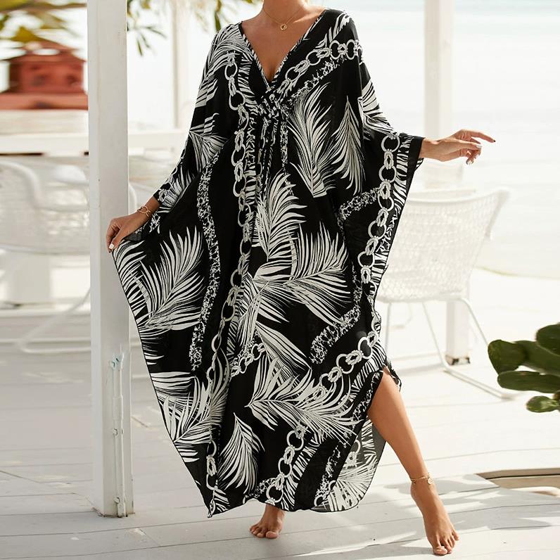 One Size Kaftan Dresses for Women Wave Neck Swimsuit Cover Up Caftan Dress Oversized Long Beach Dress