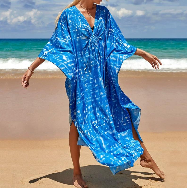 One Size Kaftan Dresses for Women Wave Neck Swimsuit Cover Up Caftan Dress Oversized Long Beach Dress