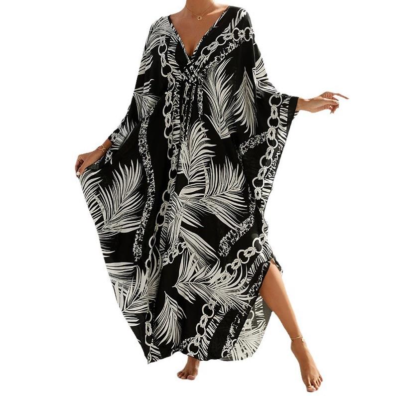 One Size Kaftan Dresses for Women Wave Neck Swimsuit Cover Up Caftan Dress Oversized Long Beach Dress