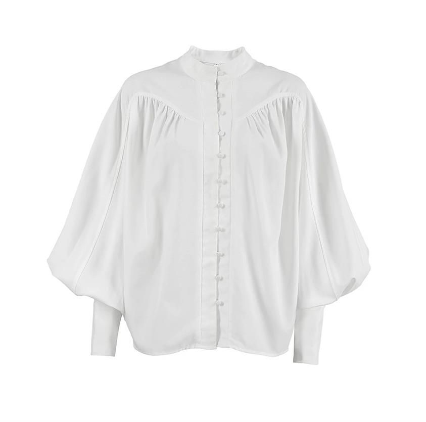 Winter Spring Women Elegant Solid White Shirt Office Long Lantern Sleeve Loose Fit Blouse For Women