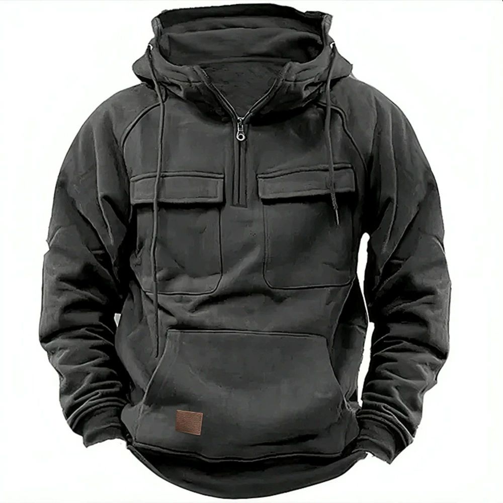 Half Zipper Men's Tactical Hoodies Solid Warm Sweatshirts Multi Pockets Male Hooded Jackets Outdoor