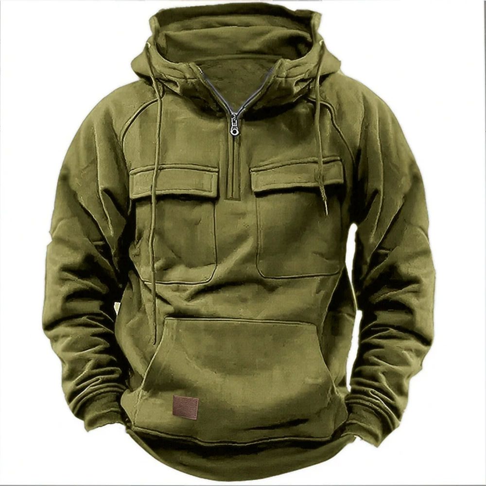 Half Zipper Men's Tactical Hoodies Solid Warm Sweatshirts Multi Pockets Male Hooded Jackets Outdoor