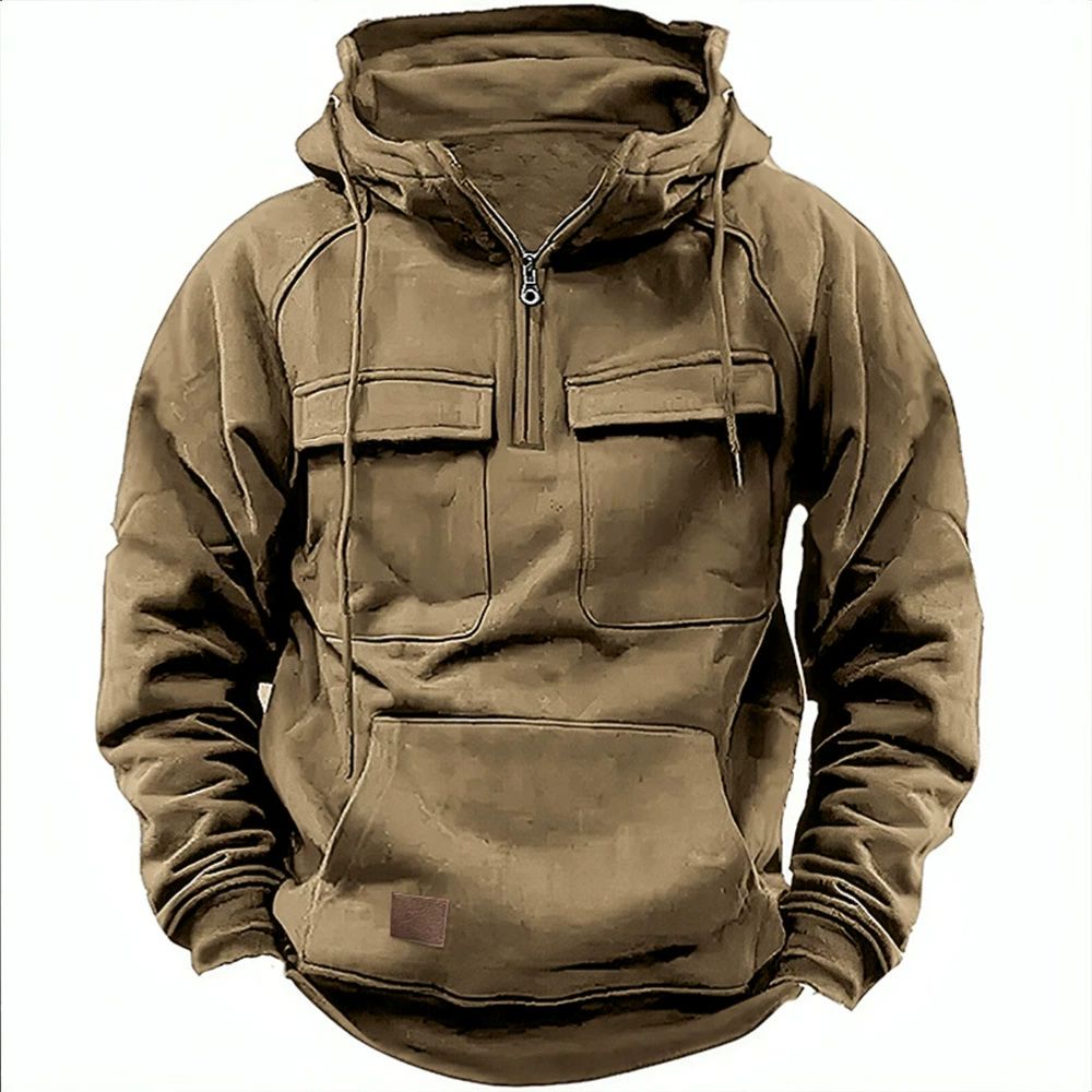 Half Zipper Men's Tactical Hoodies Solid Warm Sweatshirts Multi Pockets Male Hooded Jackets Outdoor
