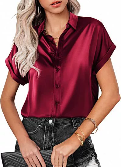Summer Women's Blouses Elegant Satin Silk Shirts Short Sleeve Tops Fashion Buttons Office Lady Blouses Loose Women's Clothing