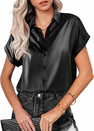 Summer Women's Blouses Elegant Satin Silk Shirts Short Sleeve Tops Fashion Buttons Office Lady Blouses Loose Women's Clothing