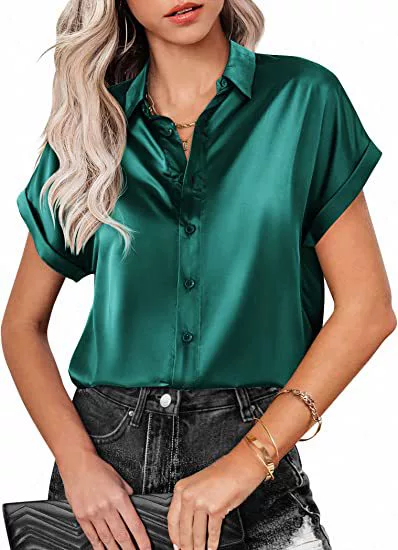 Summer Women's Blouses Elegant Satin Silk Shirts Short Sleeve Tops Fashion Buttons Office Lady Blouses Loose Women's Clothing