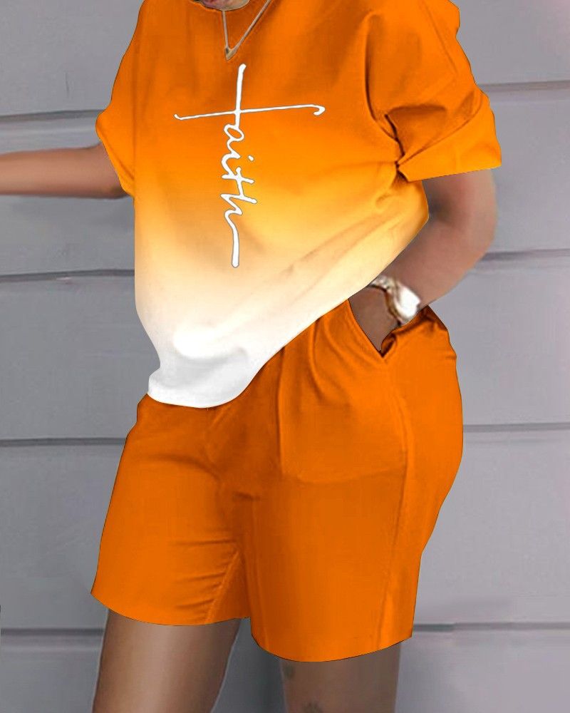 Women Print Two Piece Shorts Sets Round Neck Short Sleeve T Shirts Pockets Elastic Waist Trousers Tops Suits Summer