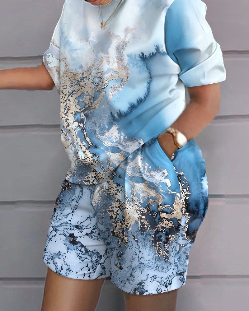 Women Print Two Piece Shorts Sets Round Neck Short Sleeve T Shirts Pockets Elastic Waist Trousers Tops Suits Summer