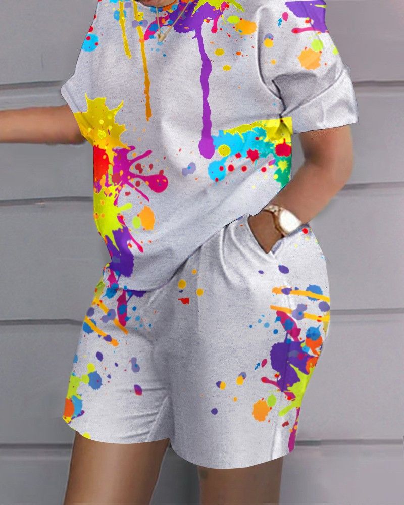 Women Print Two Piece Shorts Sets Round Neck Short Sleeve T Shirts Pockets Elastic Waist Trousers Tops Suits Summer